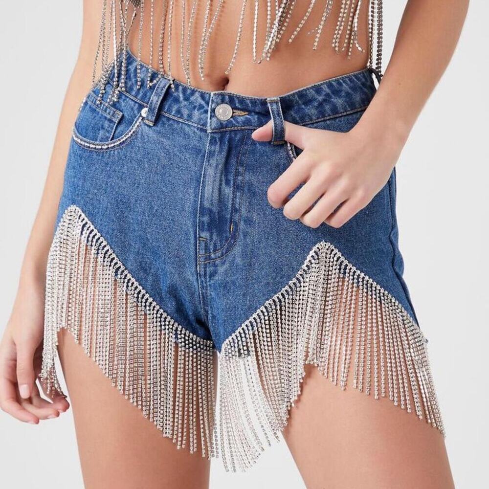 NWT | Rhinestone Fringe Blue High Rise Denim Edgy Boho Western Shorts | Sz. 28